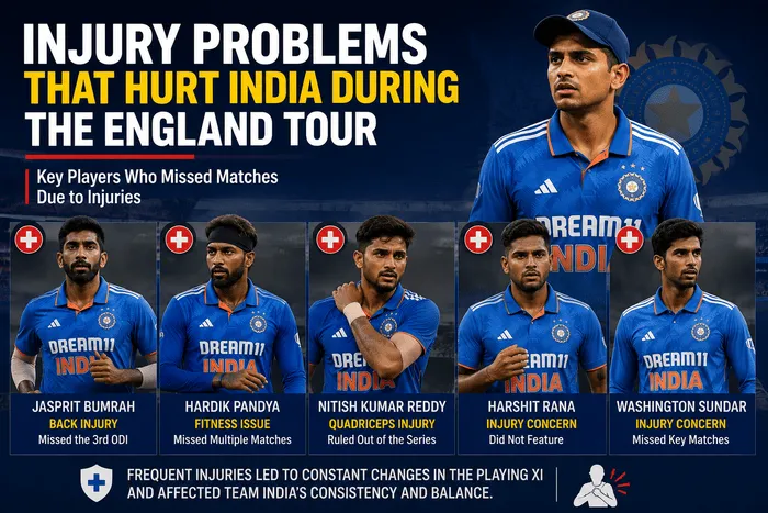India players affected by injuries during the England ODI tour 2026 including Jasprit Bumrah, Hardik Pandya, Nitish Kumar Reddy, Harshit Rana and Washington Sundar.