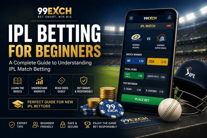 IPL Betting for Beginners guide showing a cricket betting interface, betting odds, and an educational overview of IPL match betting.