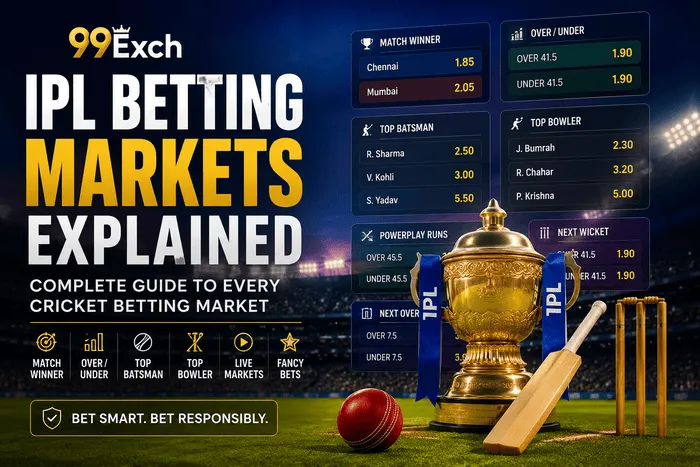 IPL Betting Markets Explained guide showing Match Winner, Over/Under, Top Batsman, Top Bowler, Live Betting Markets, and Fancy Bets on 99ExCh.