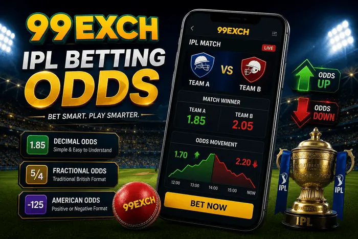 99ExCh IPL Betting Odds illustration showing decimal odds, odds movement, cricket betting interface, and IPL trophy.