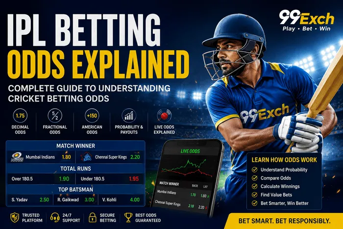 IPL Betting Odds Explained guide showing cricket betting odds, decimal odds, live odds, probability calculations, and betting markets by 99ExCh.