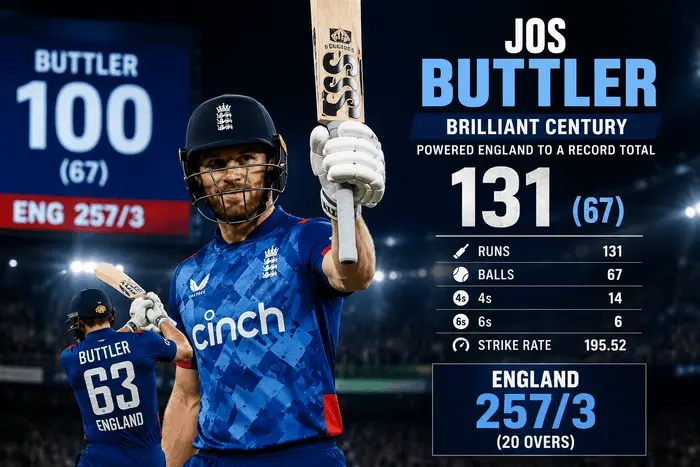 Jos Buttler celebrates his brilliant 131-run century during the England vs India 5th T20I at Southampton.