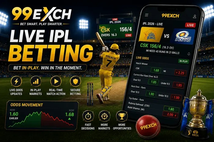99ExCh Live IPL Betting illustration showing real-time betting odds and live cricket action.