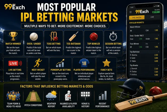Most Popular IPL Betting Markets including Match Winner, Over Under, Toss Betting, Top Batsman, Top Bowler, Session Betting, Live Betting and Fancy Bets explained on 99ExCh.