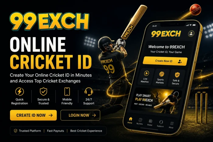 99ExCh Online Cricket ID hero banner featuring cricket player, mobile app interface, and secure cricket exchange platform.