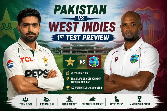Pakistan vs West Indies 1st Test Preview 2026 featuring Babar Azam and Roston Chase ahead of the opening Test at Brian Lara Cricket Academy, Trinidad.