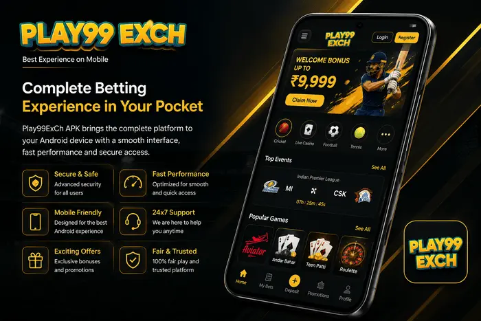 Play99ExCh APK app overview showing the Android mobile interface and key features