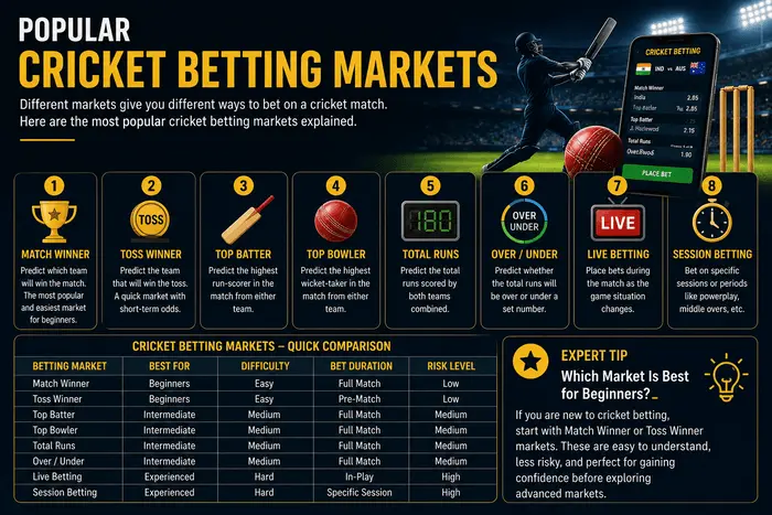 Infographic explaining popular cricket betting markets including match winner, toss winner, top batter, top bowler, total runs, over under, live betting, and session betting.