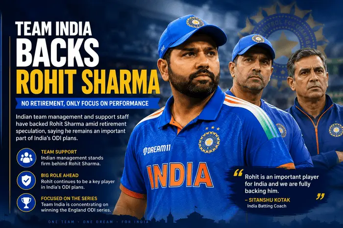 Rohit Sharma receives support from Team India and batting coach Sitanshu Kotak amid retirement rumours ahead of the England ODI series in 2026.