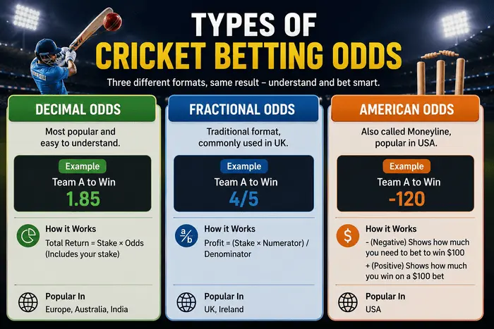 Types of Cricket Betting Odds including Decimal, Fractional and American Odds explained with examples