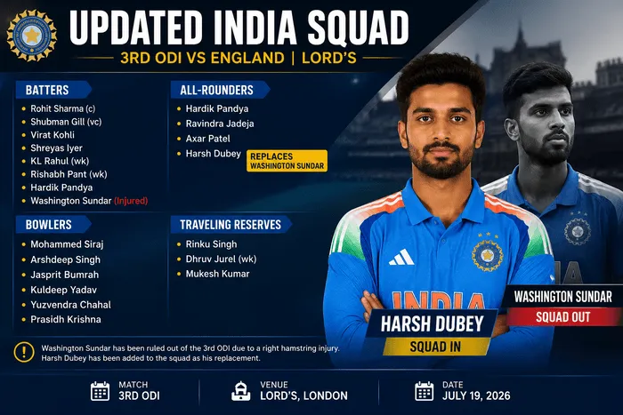 Updated India squad for the 3rd ODI against England with Harsh Dubey replacing Washington Sundar