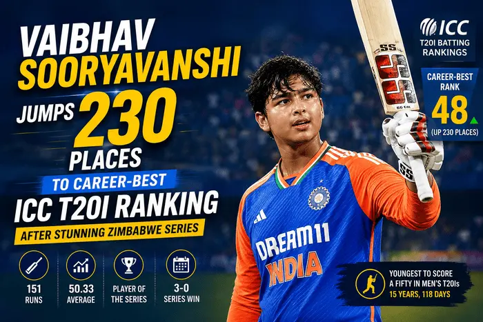 Vaibhav Sooryavanshi celebrates after climbing 230 places to a career-best ICC Men's T20I batting ranking following India's Zimbabwe series in 2026.