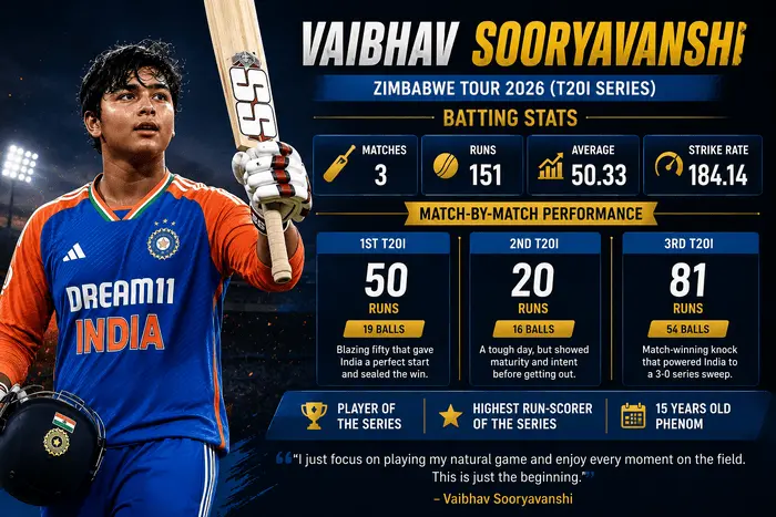 Vaibhav Sooryavanshi batting statistics infographic from India's Zimbabwe Tour 2026 showing 151 runs, Player of the Series award, and match-by-match T20I performances.