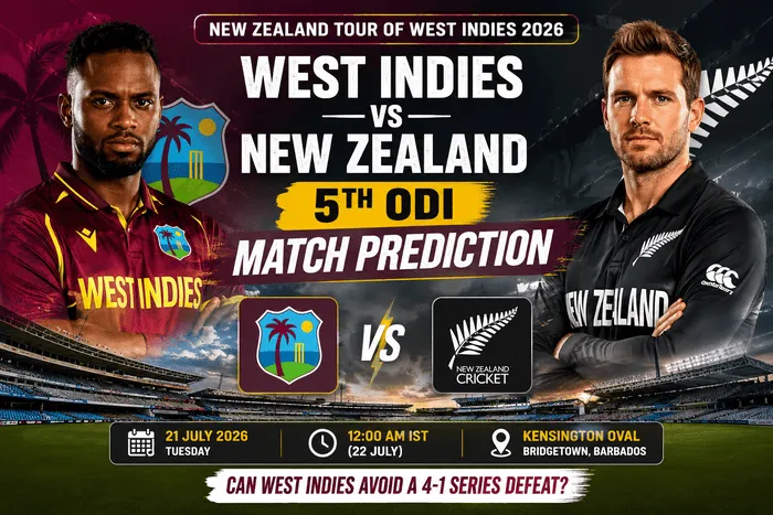 West Indies vs New Zealand 5th ODI Match Prediction 2026 featuring the captains ahead of the Barbados ODI at Kensington Oval.