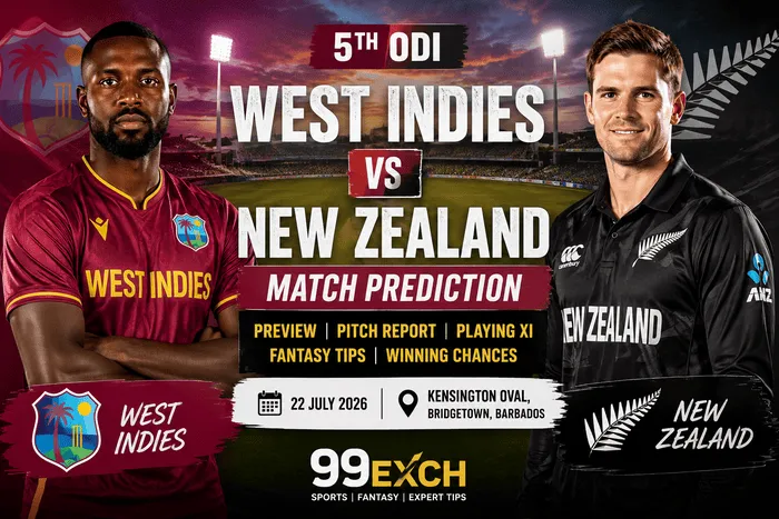 West Indies vs New Zealand 5th ODI Match Prediction 2026 featuring West Indies and New Zealand players before the series finale at Kensington Oval, Barbados.