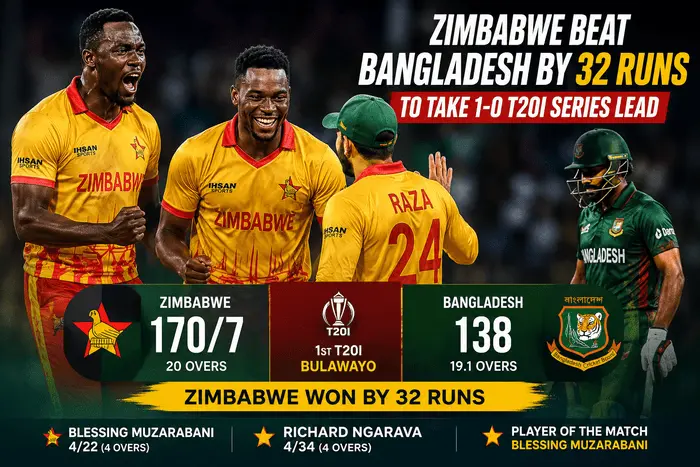 Zimbabwe Beat Bangladesh by 32 Runs to Take 1-0 T20I Series Lead