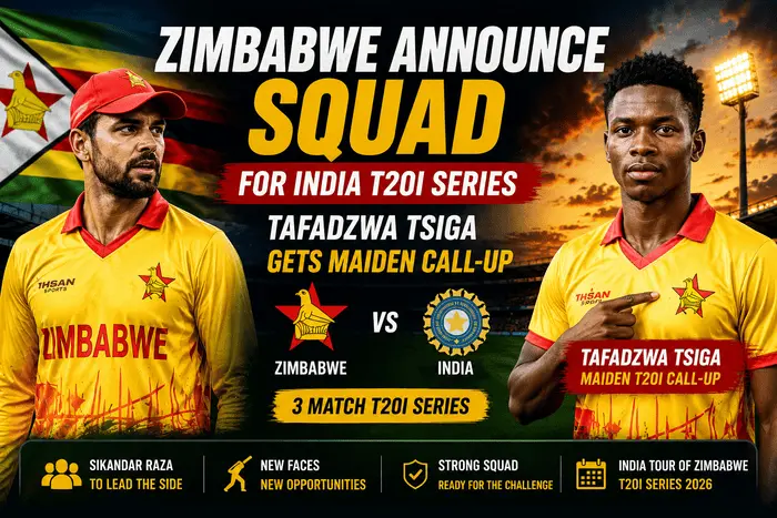 Zimbabwe announce their squad for the India T20I series as Tafadzwa Tsiga earns his maiden T20I call-up alongside captain Sikandar Raza.