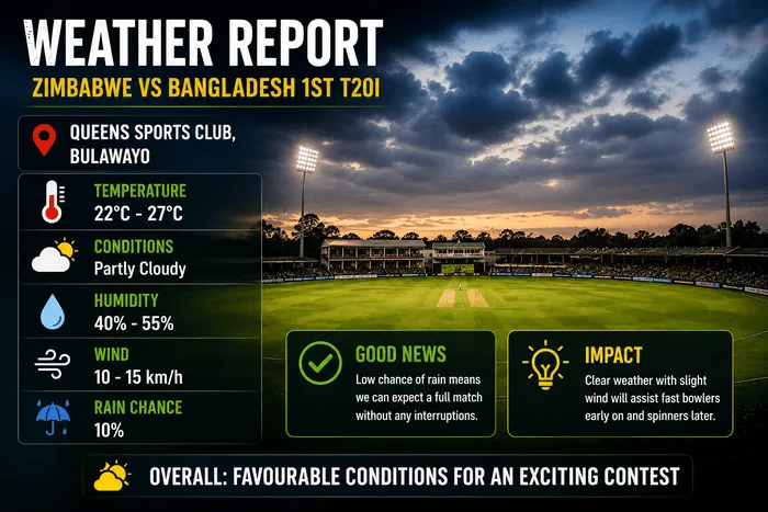 Zimbabwe vs Bangladesh 1st T20I Weather Report at Queens Sports Club, Bulawayo showing forecast, temperature, humidity, wind conditions, and rain chances.