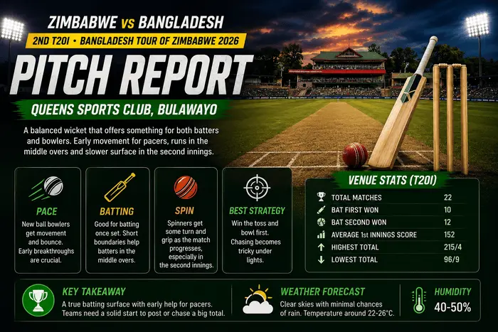 Zimbabwe vs Bangladesh 2nd T20I Pitch Report at Queens Sports Club Bulawayo featuring the cricket pitch, venue statistics, weather forecast, and match conditions.