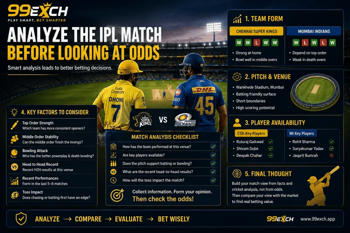 Analyze the IPL match before looking at betting odds using team form, pitch, player availability and key match factors