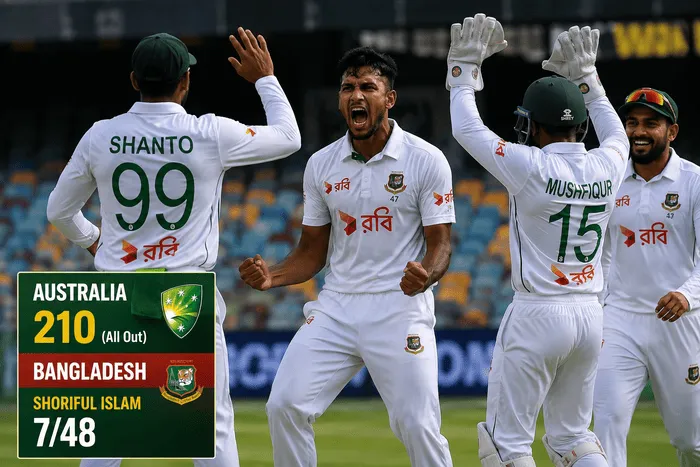 Shoriful Islam celebrates after Australia are bowled out for 210 in the Mackay Test