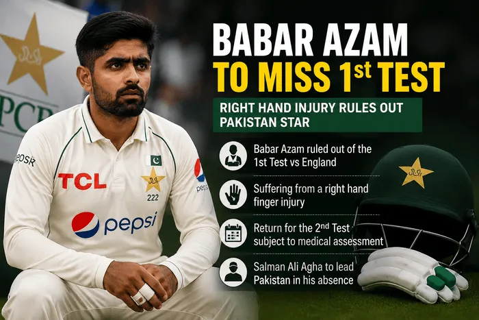 Babar Azam ruled out of the first Test against England with a right-hand injury