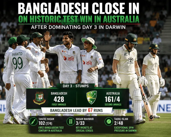 Bangladesh Close In on Historic Test Win in Australia After Day 3 in Darwin