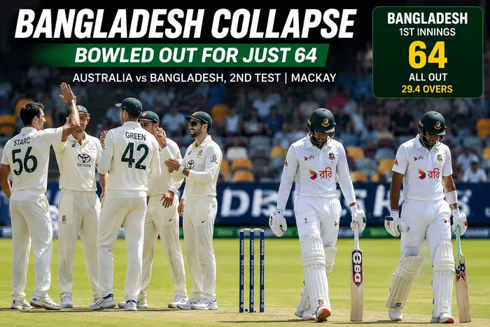 Bangladesh collapse as Australia bowl them out for 64 in the second Test at Mackay