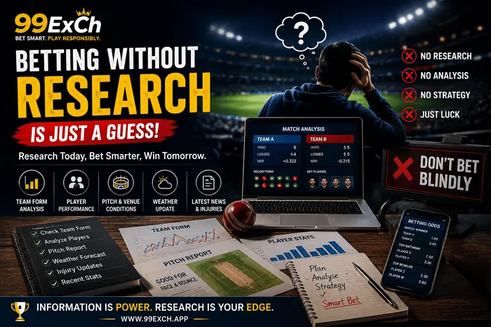 Betting without IPL match research showing team form, player analysis, pitch conditions and betting odds