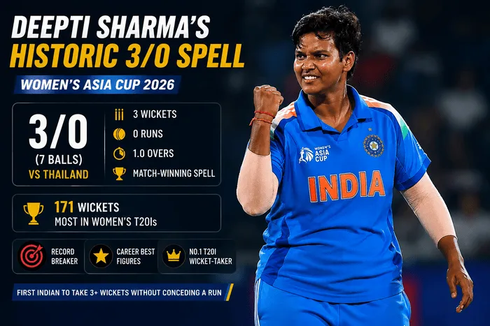 Deepti Sharma celebrates her historic 3/0 spell against Thailand in the Women’s Asia Cup 2026