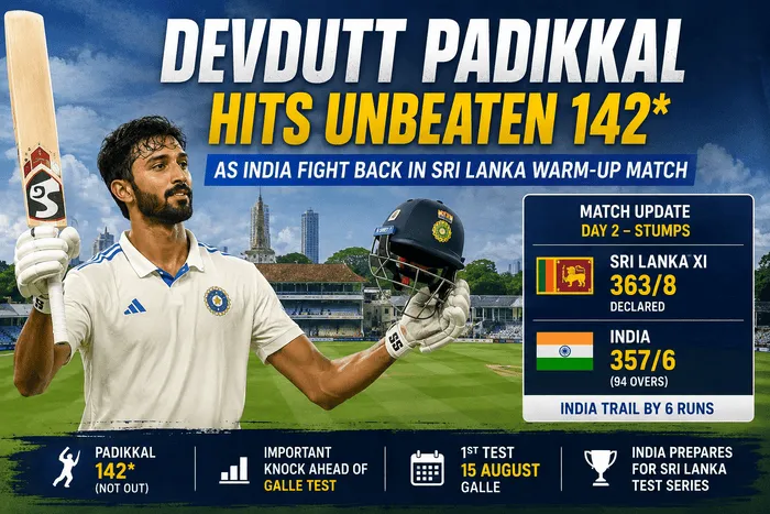 Devdutt Padikkal celebrating his unbeaten 142 during the India vs Sri Lanka warm-up match in Colombo ahead of the 2026 Test series