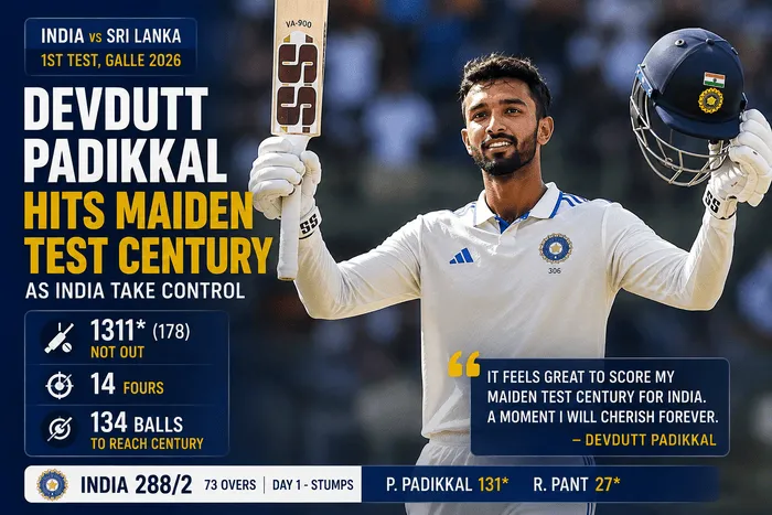 Devdutt Padikkal celebrates his maiden Test century against Sri Lanka in the Galle Test