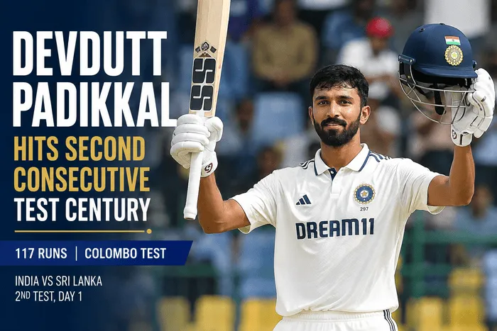 Devdutt Padikkal celebrates his second consecutive Test century against Sri Lanka