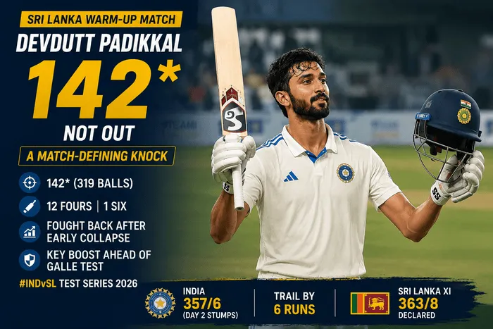Devdutt Padikkal celebrating his unbeaten 142 during the India vs Sri Lanka warm-up match at Colombo in 2026