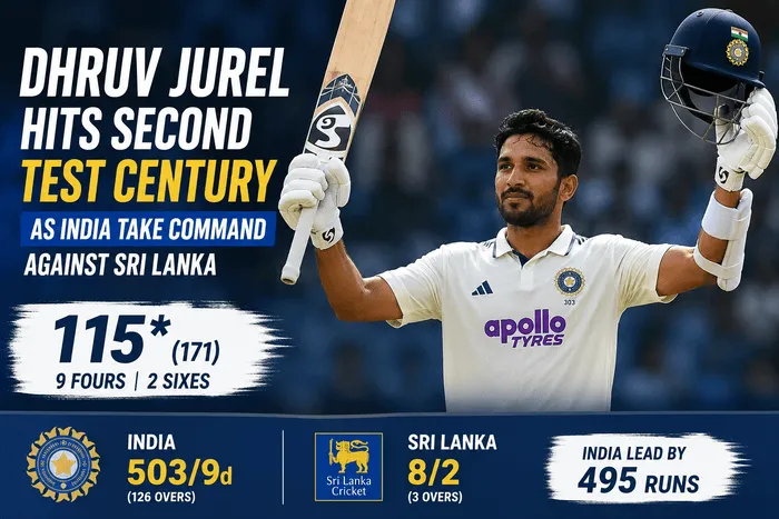 Dhruv Jurel celebrates his second Test century against Sri Lanka