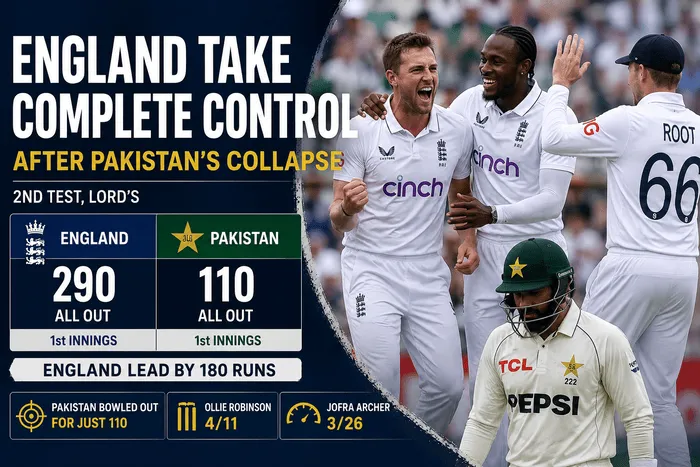 England take control after Pakistan collapse for 110 in the second Test at Lord’s