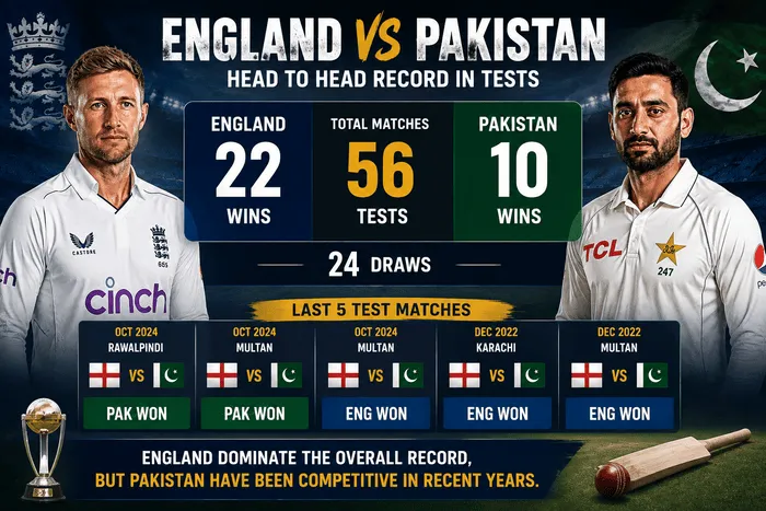 England vs Pakistan Test head-to-head record and recent Test results