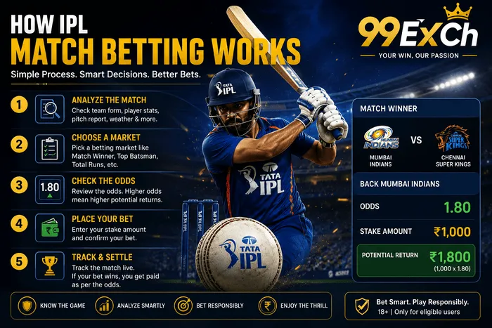 How IPL match betting works with odds, stake and potential return explained by 99ExCh