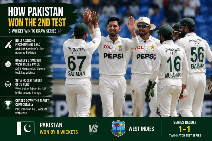 Pakistan players celebrate after defeating West Indies by eight wickets in the second Test to level the two-match series 1-1 during the Pakistan Tour of West Indies 2026