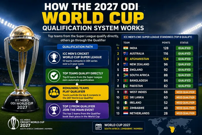 Infographic explaining how teams qualify directly for the 2027 ICC Men’s ODI World Cup through the ICC World Cup Super League and qualification pathway