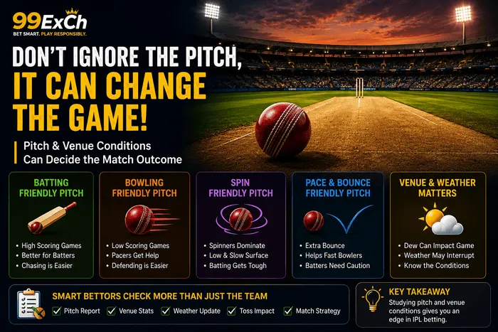 IPL pitch and venue conditions showing batting, bowling, spin, pace, bounce and weather factors