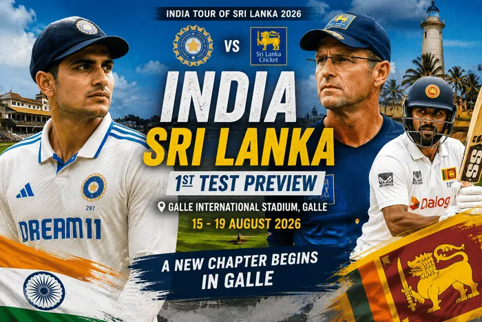 India vs Sri Lanka 1st Test 2026 preview featuring Team India, Sri Lanka players, Gary Kirsten, and Galle International Stadium before the series opener.