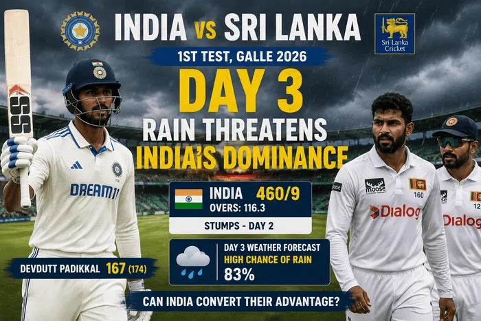 India vs Sri Lanka 1st Test Day 3 in Galle with rain threatening India's dominant position