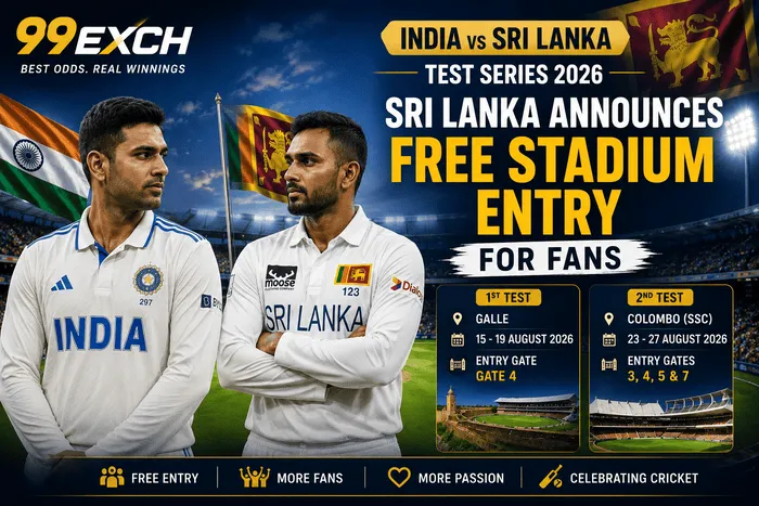 India vs Sri Lanka Test Series 2026 featuring current India Test captain Shubman Gill and Sri Lanka Test captain with free stadium entry announcement for Galle and Colombo Tests