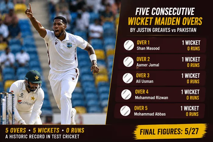 Justin Greaves takes five wickets in five consecutive wicket-maiden overs against Pakistan