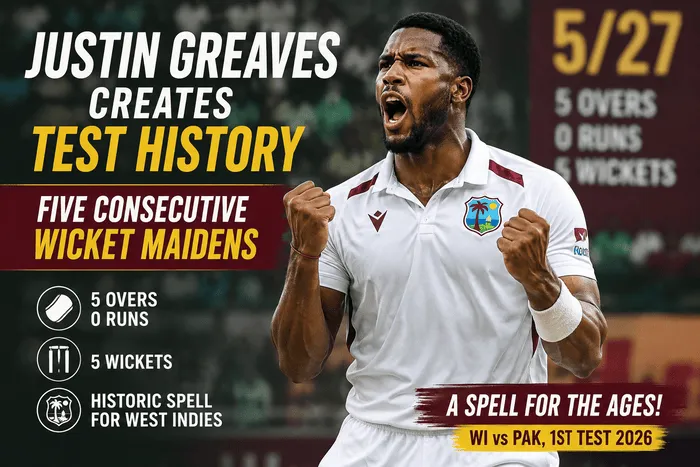 Justin Greaves celebrates historic five consecutive wicket-maiden overs against Pakistan