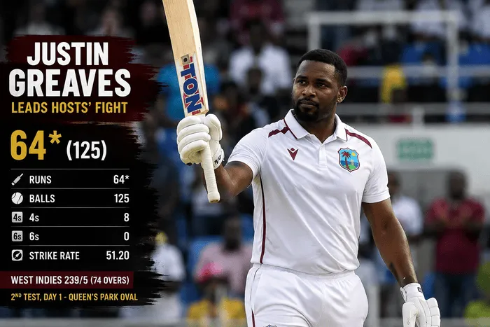 Justin Greaves batting in West Indies vs Pakistan in the 2nd Test 2026