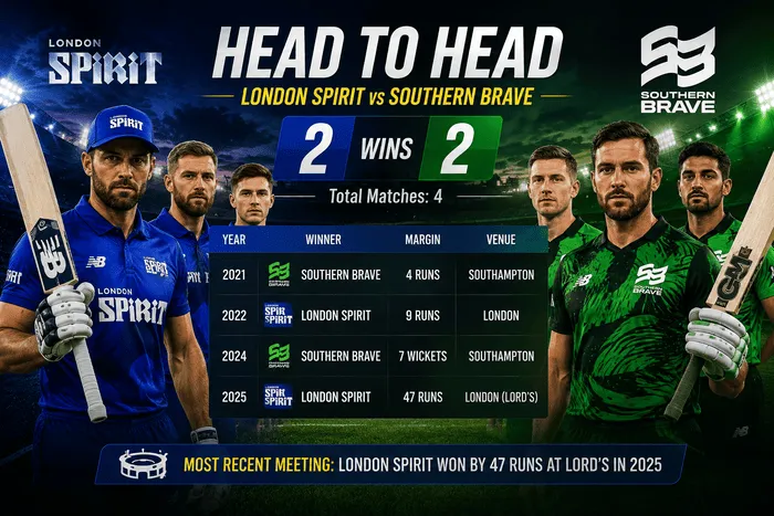 London Spirit vs Southern Brave head-to-head record ahead of The Hundred 2026 match at Lord's