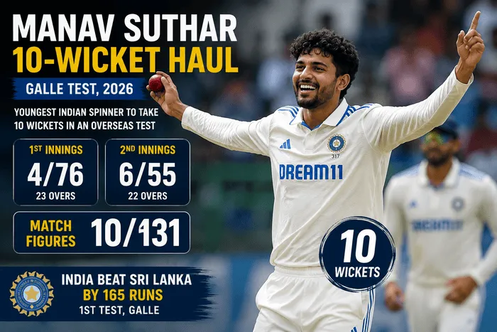 Manav Suthar takes 10 wickets as India beat Sri Lanka by 165 runs in the Galle Test