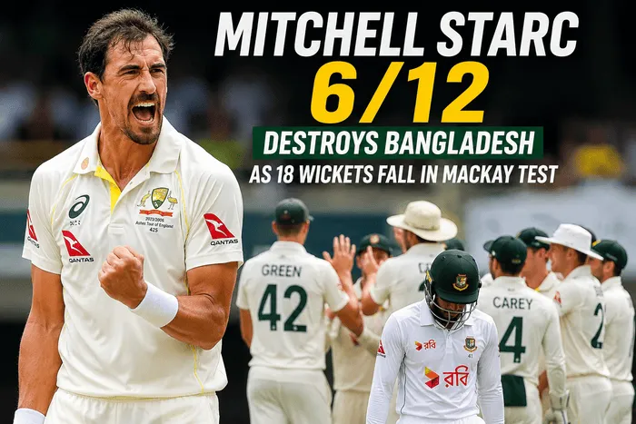 Mitchell Starc celebrates his six-wicket haul against Bangladesh in the second Test at Mackay